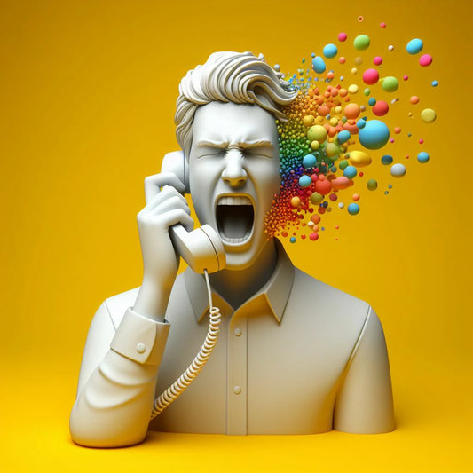 Escultura de um cliente chateado que grita ao telefone.