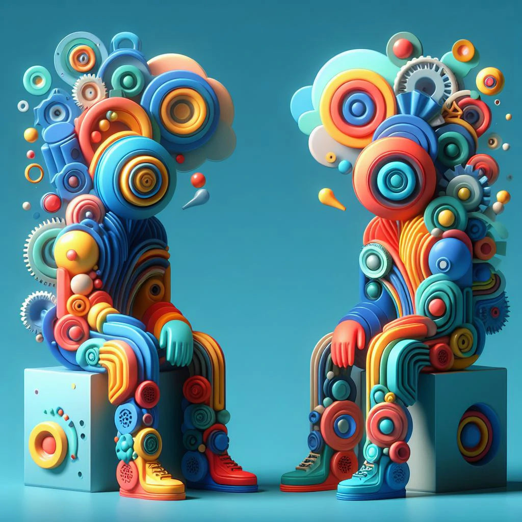 Uma escultura colorida com duas pessoas sentadas frente a frente sobre cubos que a aprendem como comunicar eficazmente.