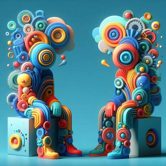 Uma escultura colorida com duas pessoas sentadas frente a frente sobre cubos que a aprendem como comunicar eficazmente.